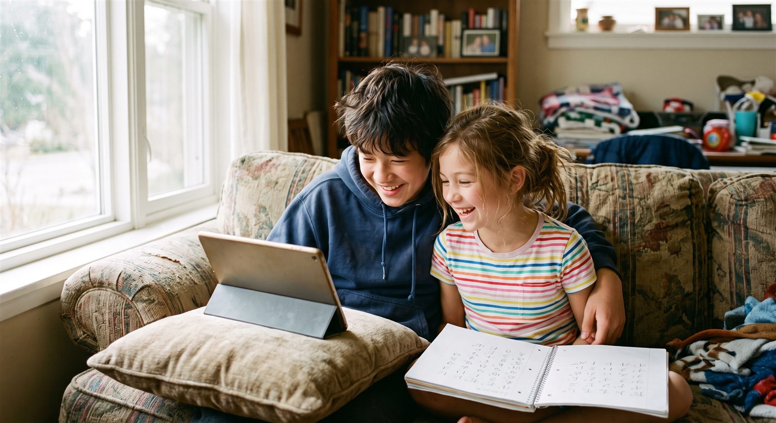 An older brother and younger sister on a sofa sharing a tablet, with an open notebook of Japanese kana practice