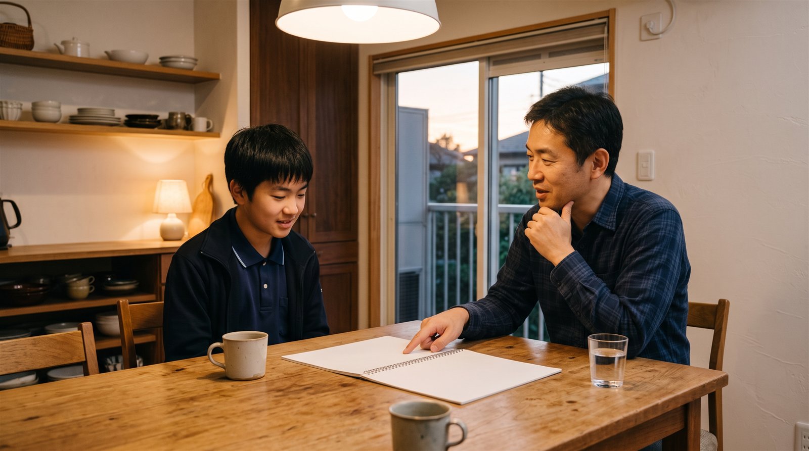 夕方の日本の家庭の台所のテーブルで、父親が白紙のカレンダーを指しながら中学生の息子と受験の予定を話している様子
