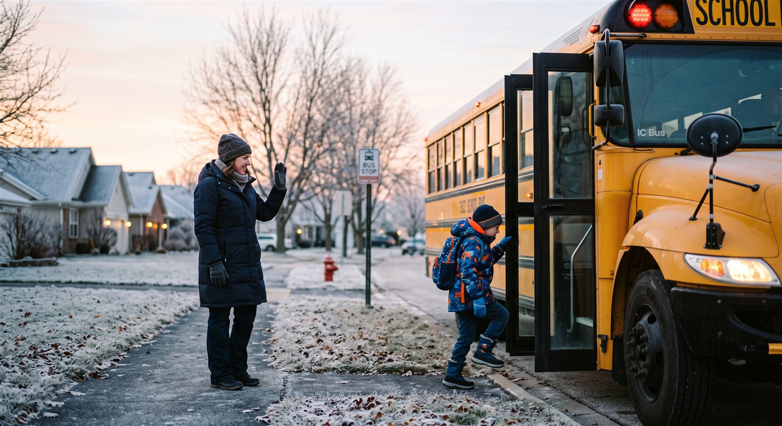 A mother waves goodbye at a suburban Illinois bus stop as her child boards a yellow school bus on a frosty morning