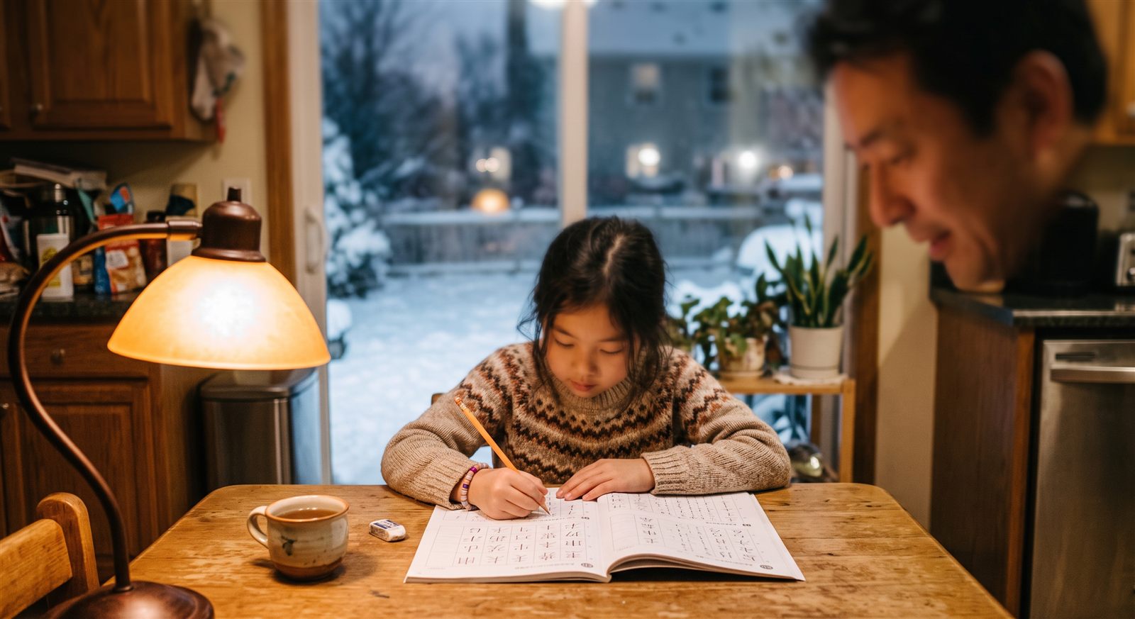 A girl works through a Japanese kanji workbook at the kitchen table on a winter evening in suburban Chicago, her father checking the page