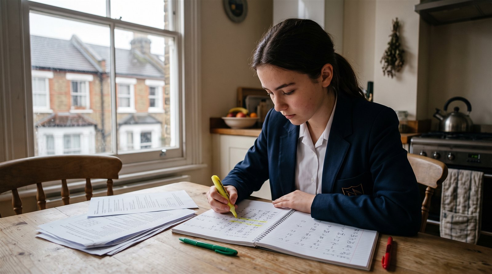 A British secondary school student revising GCSE Japanese past papers at a kitchen table
