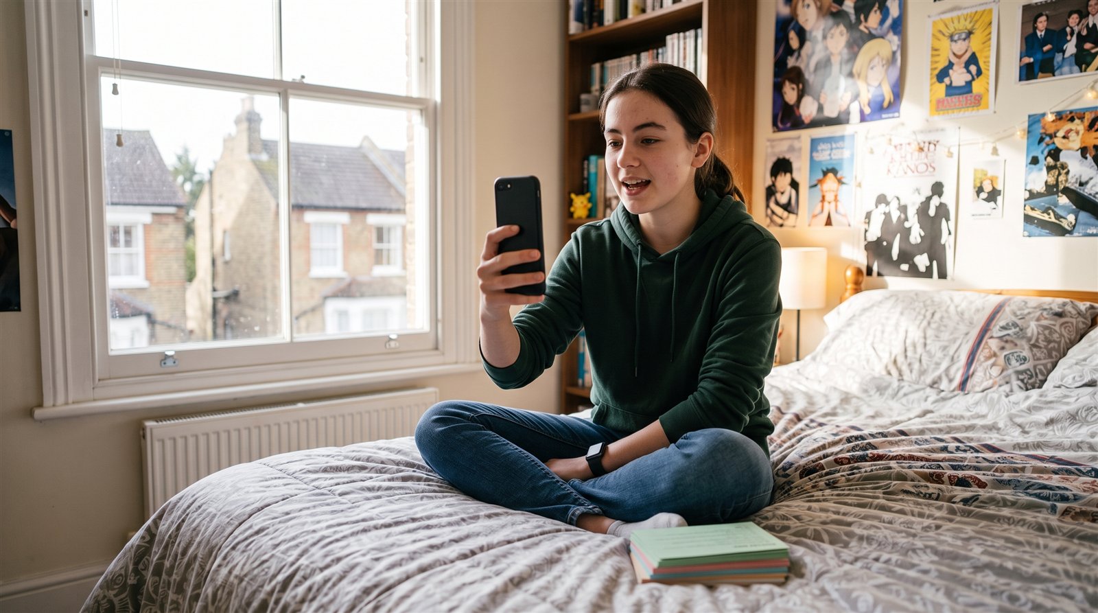 A teenage girl recording herself practicing Japanese speaking on a smartphone