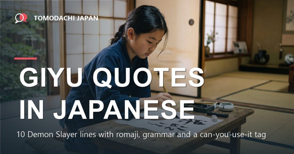 Giyu quotes in Japanese - a girl practising Japanese calligraphy at a low table