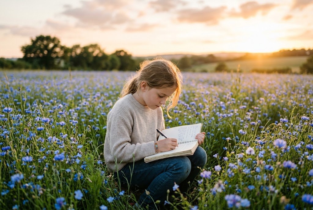 A girl sitting in a field of blue flowers at golden hour, writing in a notebook