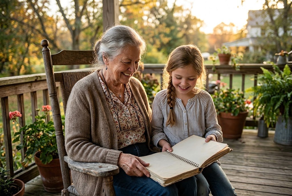 A grandmother and granddaughter reading a notebook together on a wooden porch