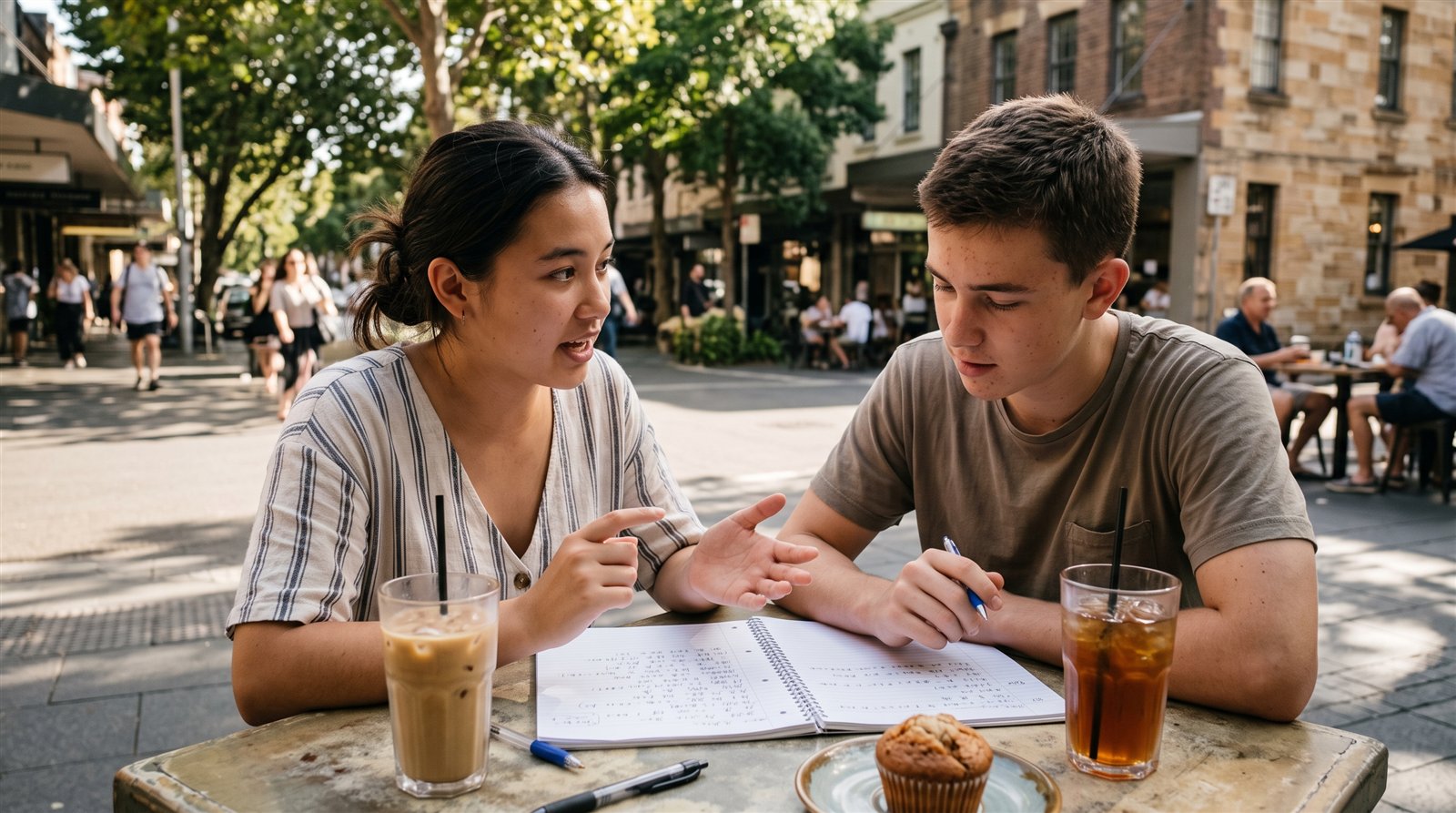 Two senior students discussing a Japanese essay draft at an outdoor cafe