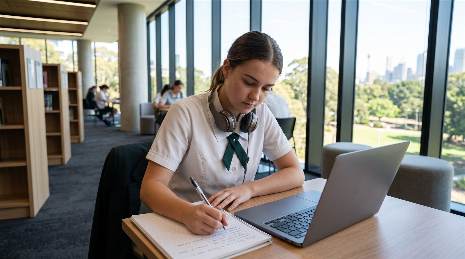 A Year 12 student writing Japanese essay notes in a school library in Sydney