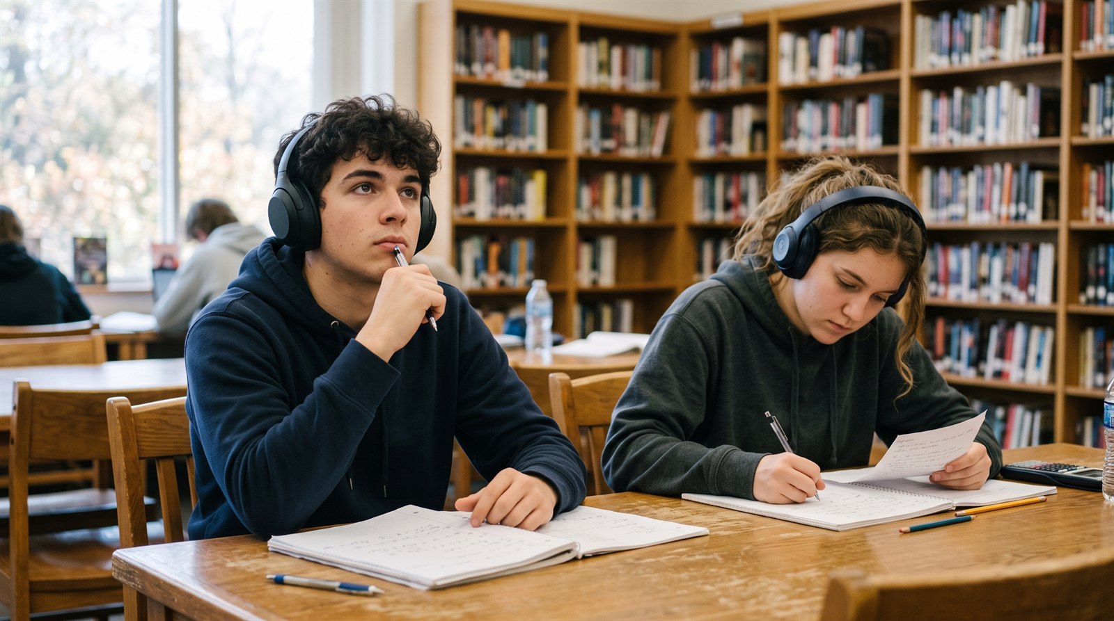 Two senior students doing Japanese listening practice with headphones in a school library