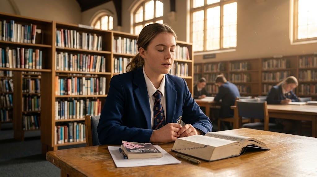 An Australian senior student saying Japanese vocabulary aloud from memory in a school library