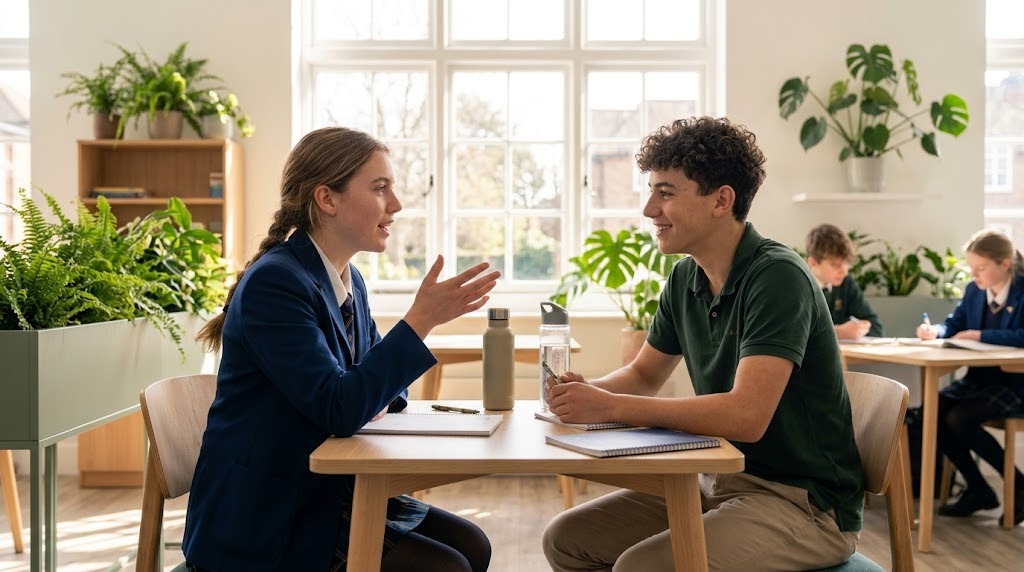 Two senior students practising a Japanese conversation face to face at school