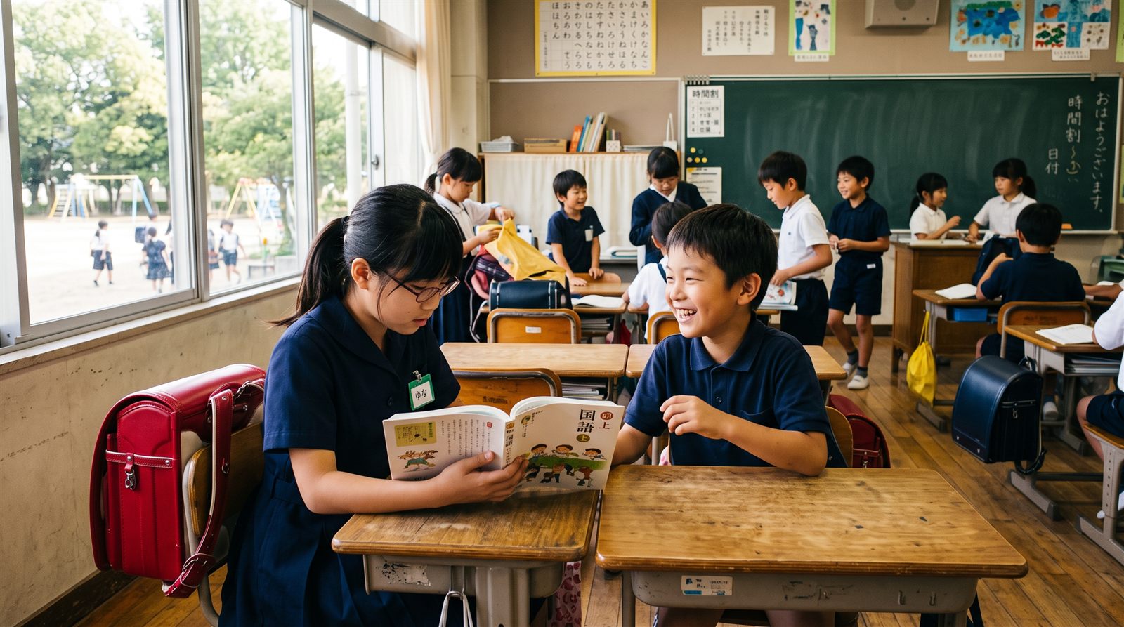 日本の小学校の教室の朝、机で教科書を開く児童に隣の席の子が話しかけている