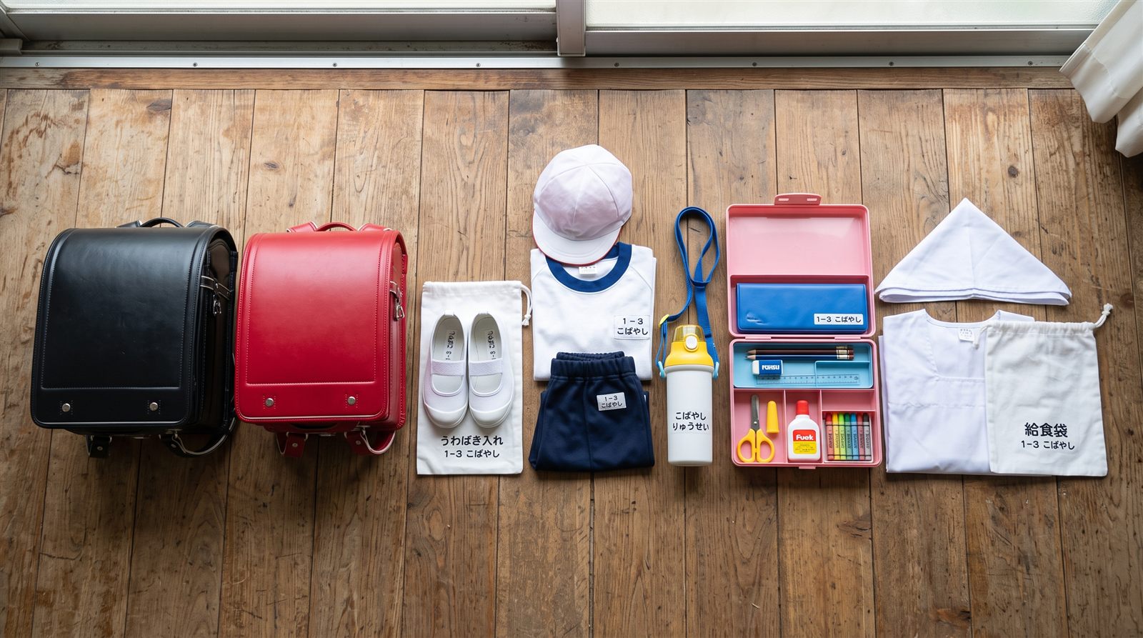日本の小学校の持ち物を並べた写真。ランドセル、上履き、体操服、水筒、お道具箱