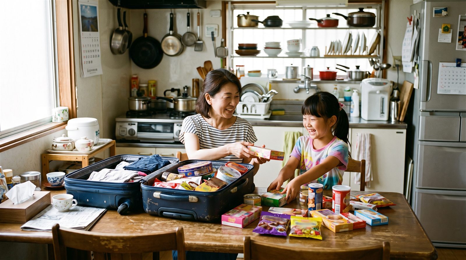日本の実家の食卓で、海外から持ち帰ったお菓子を親子で並べている