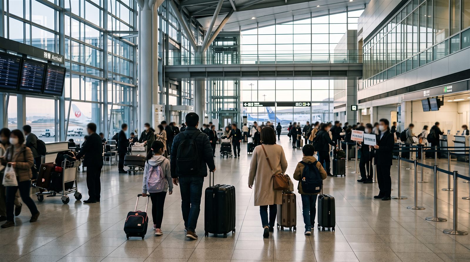 日本の国際空港の到着ロビーで、スーツケースを押す家族の後ろ姿