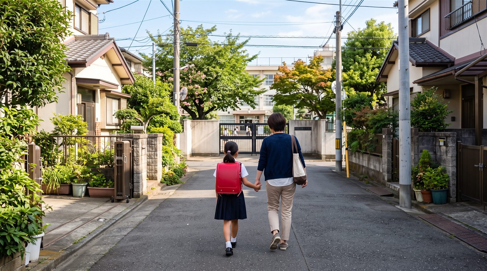 世田谷区の住宅街で、ランドセルを背負った女の子と母親が小学校の門へ歩いていく朝の後ろ姿