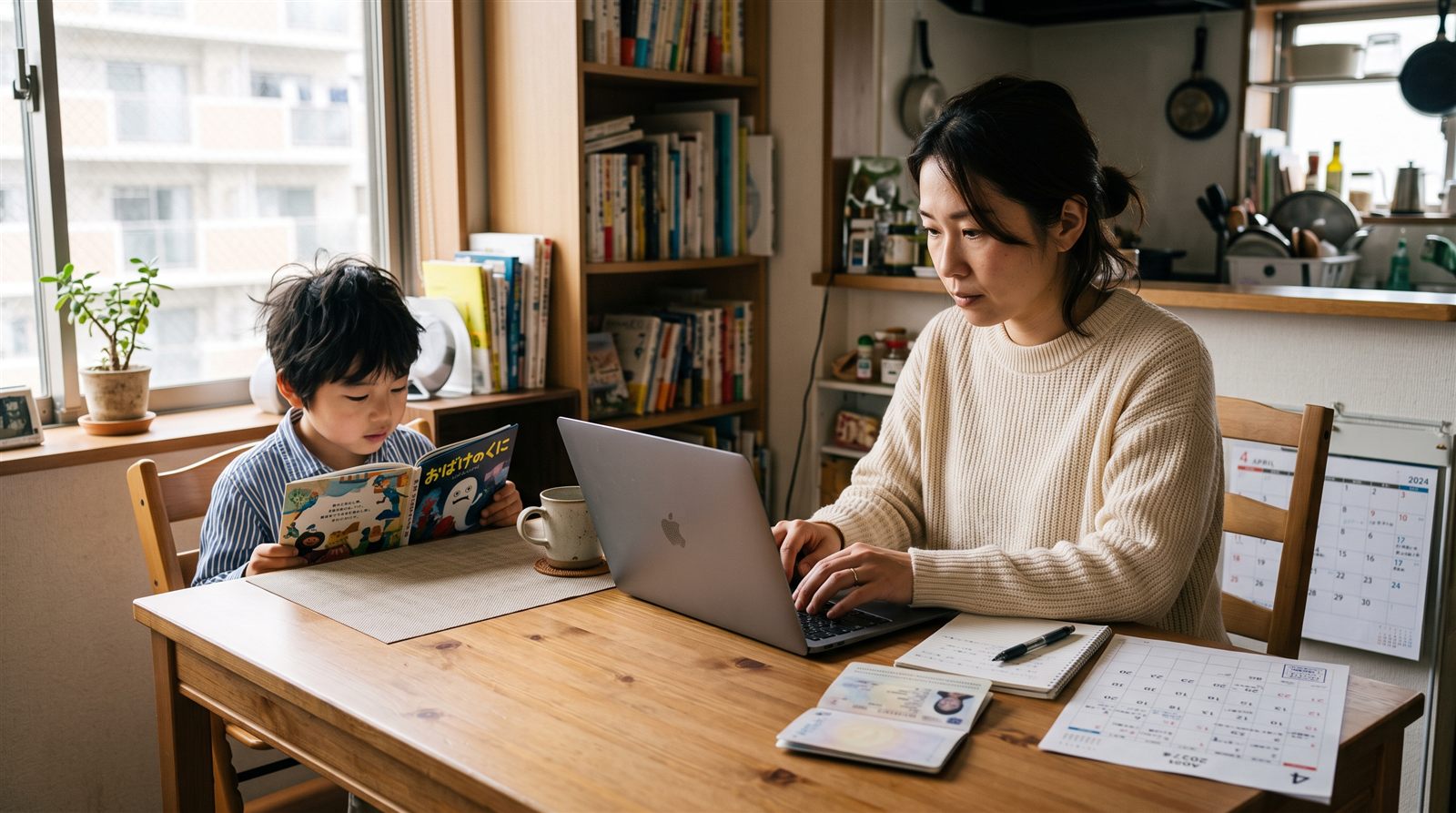 自宅のダイニングテーブルで、母親がノートパソコンで申請書類を確認し、隣で男の子が絵本を読んでいる