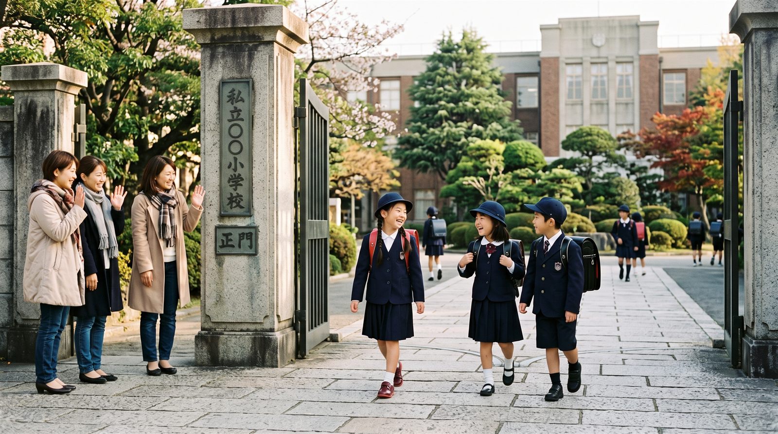 日本の私立小学校の校門前で、制服姿の児童が登校する朝