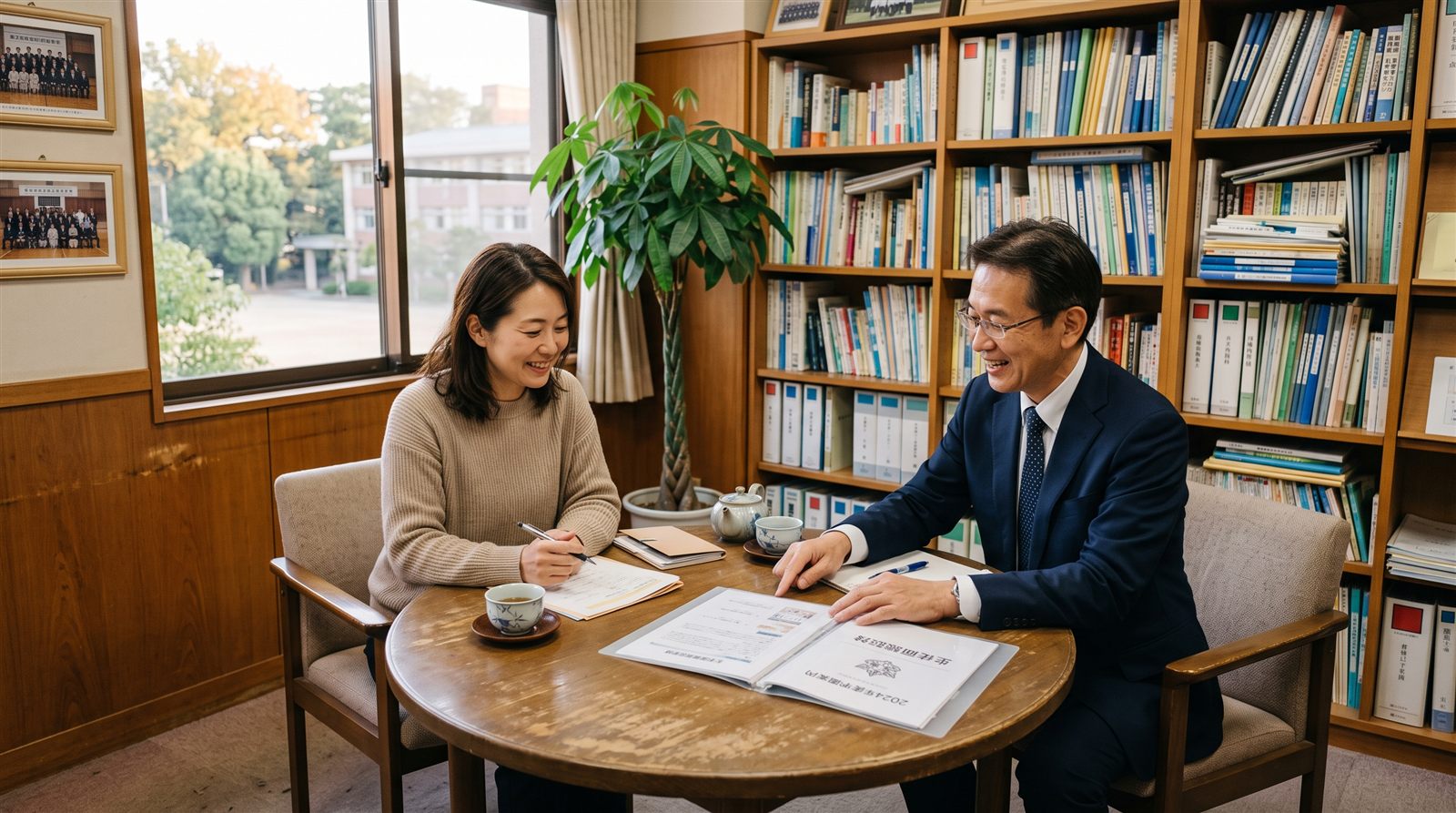 学校の応接室で、保護者と教員が書類を見ながら面談している