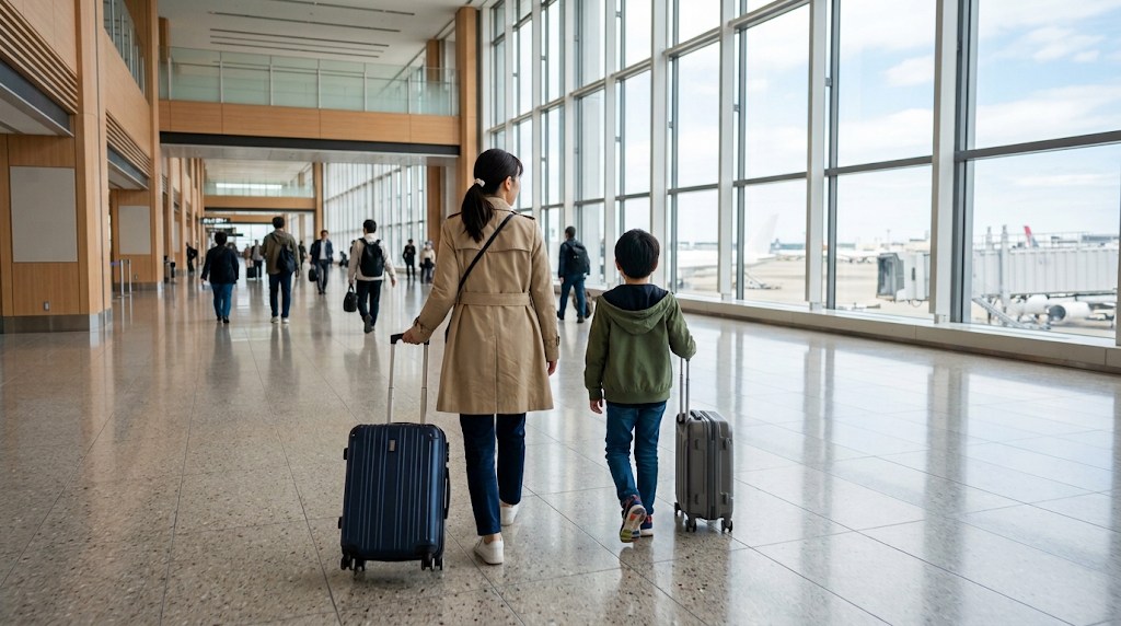 明るい日本の空港の到着ロビーで、母親と小学生の男の子がスーツケースを押して歩いていく後ろ姿