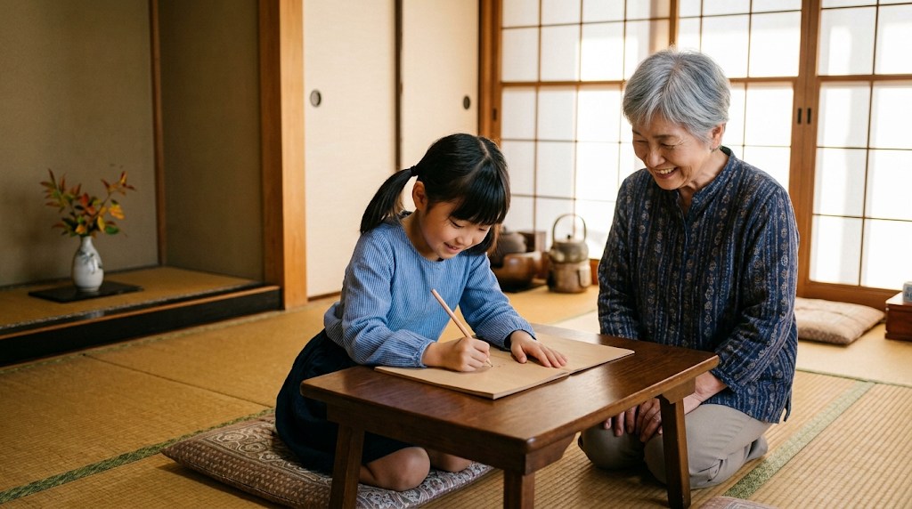 祖父母の家の和室で、小学生の女の子が鉛筆でノートに書き、隣で祖母が見守っている