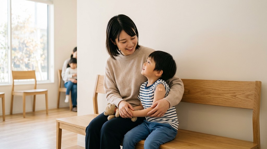 明るい小児科の待合室で、腕に小さな絆創膏を貼った男の子を母親がひざに抱いて笑いかけている