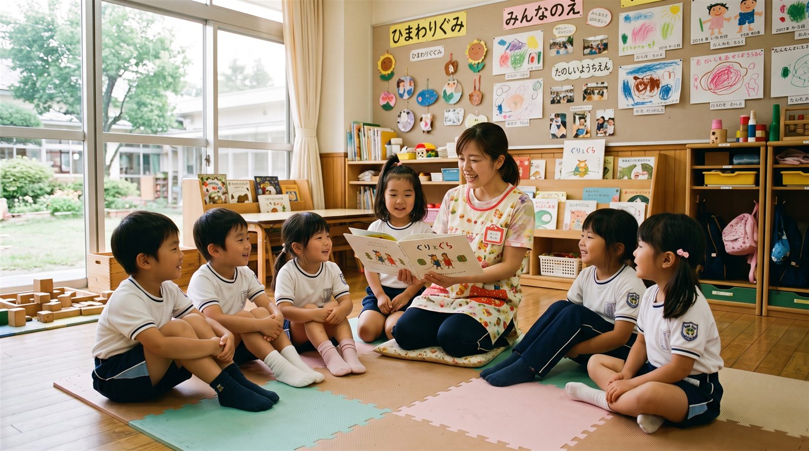 日本の幼稚園の保育室で、園児が輪になって座り先生が絵本を読み聞かせている