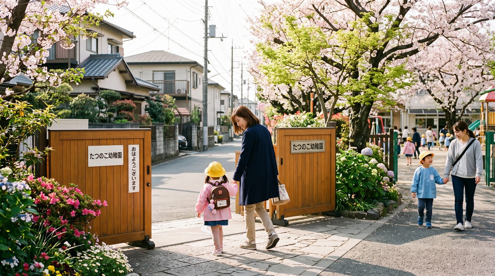 幼稚園の門の前で、母親が通園帽をかぶった園児の手を引いて登園する朝