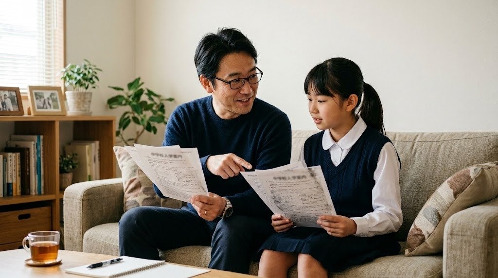 自宅のソファで、父親と小学生の娘が印刷した中学校の入試要項を一緒に読みながら話している日中の様子