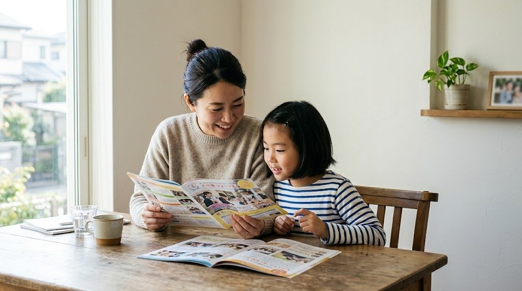 自宅のダイニングテーブルで、母親と小学生の娘が学校案内のパンフレットを一緒に見ながら笑顔で話している朝の様子