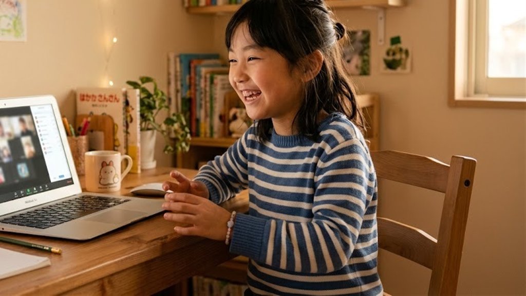 自宅の子ども部屋で、小学生の女の子がノートパソコンのビデオ通話で友達と話しながら笑っている夕方の様子