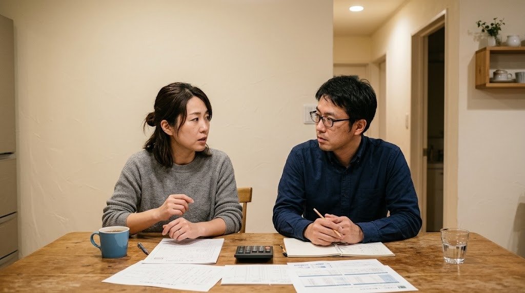 自宅のキッチンテーブルで、30代後半の夫婦が学校の書類と電卓を前に真剣な表情で話し合っている夜の様子