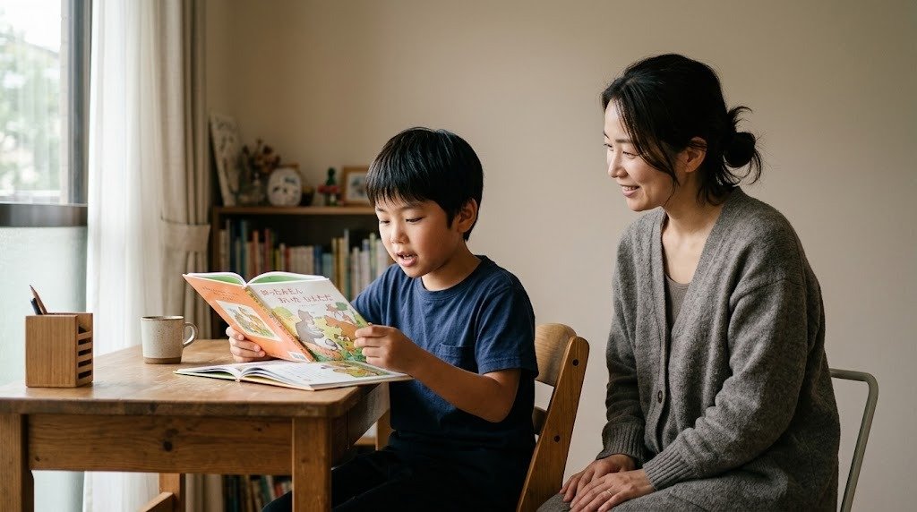 自宅の机で、小学生の男の子が日本語の絵本を声に出して読み、隣で母親が笑顔で聞いている午後の様子