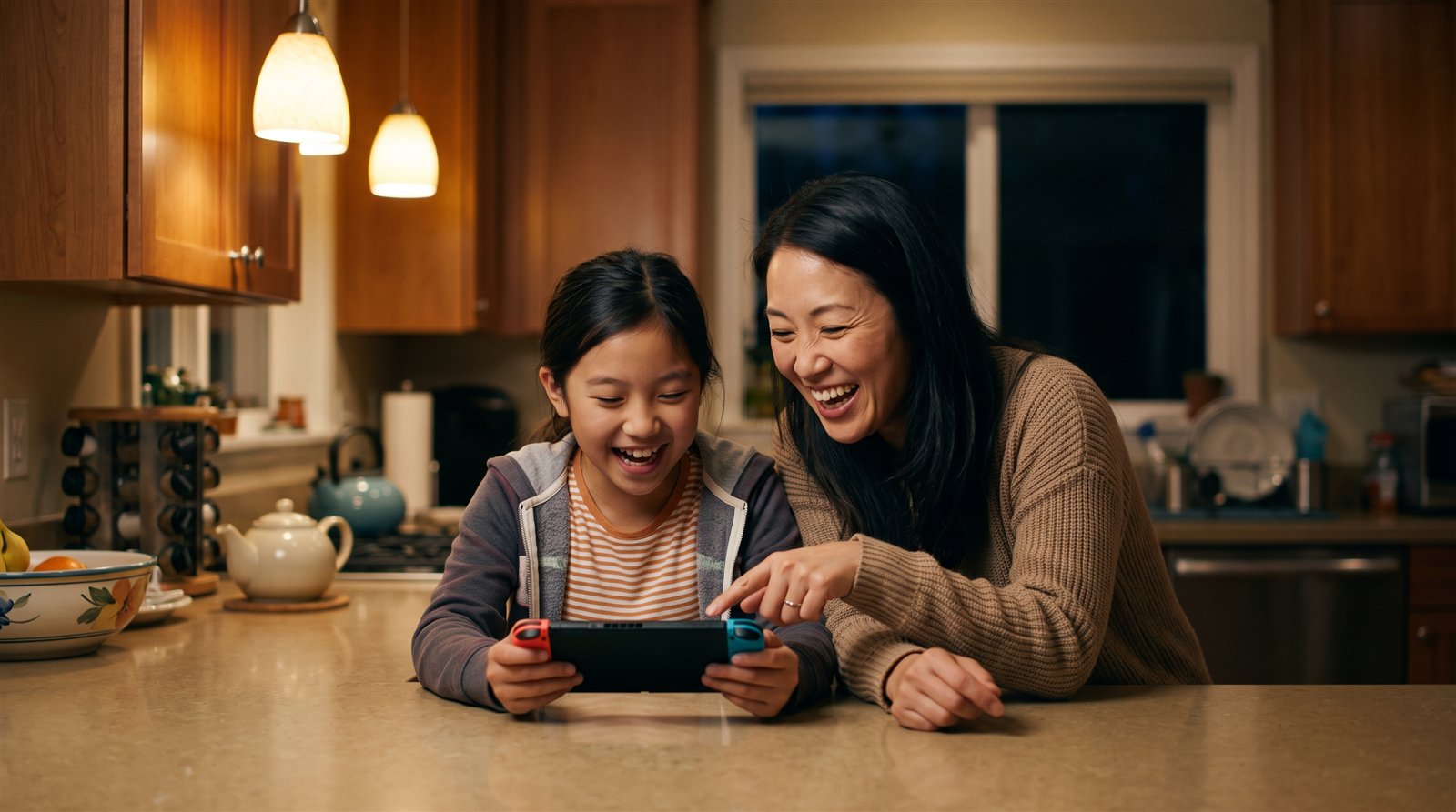A mother and daughter reading Japanese game text together on a handheld console
