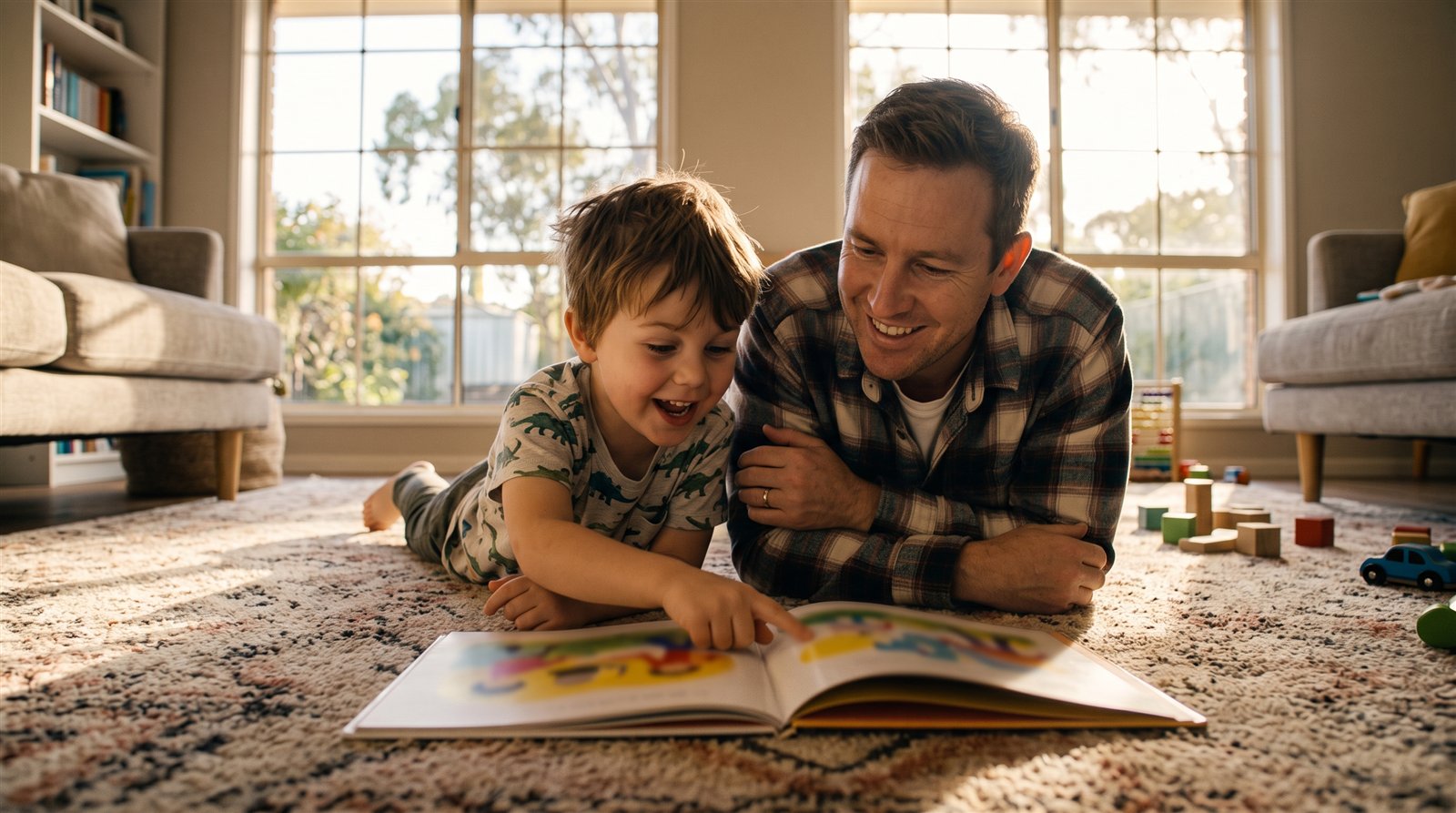 A father and young son looking through a picture book together on a rug