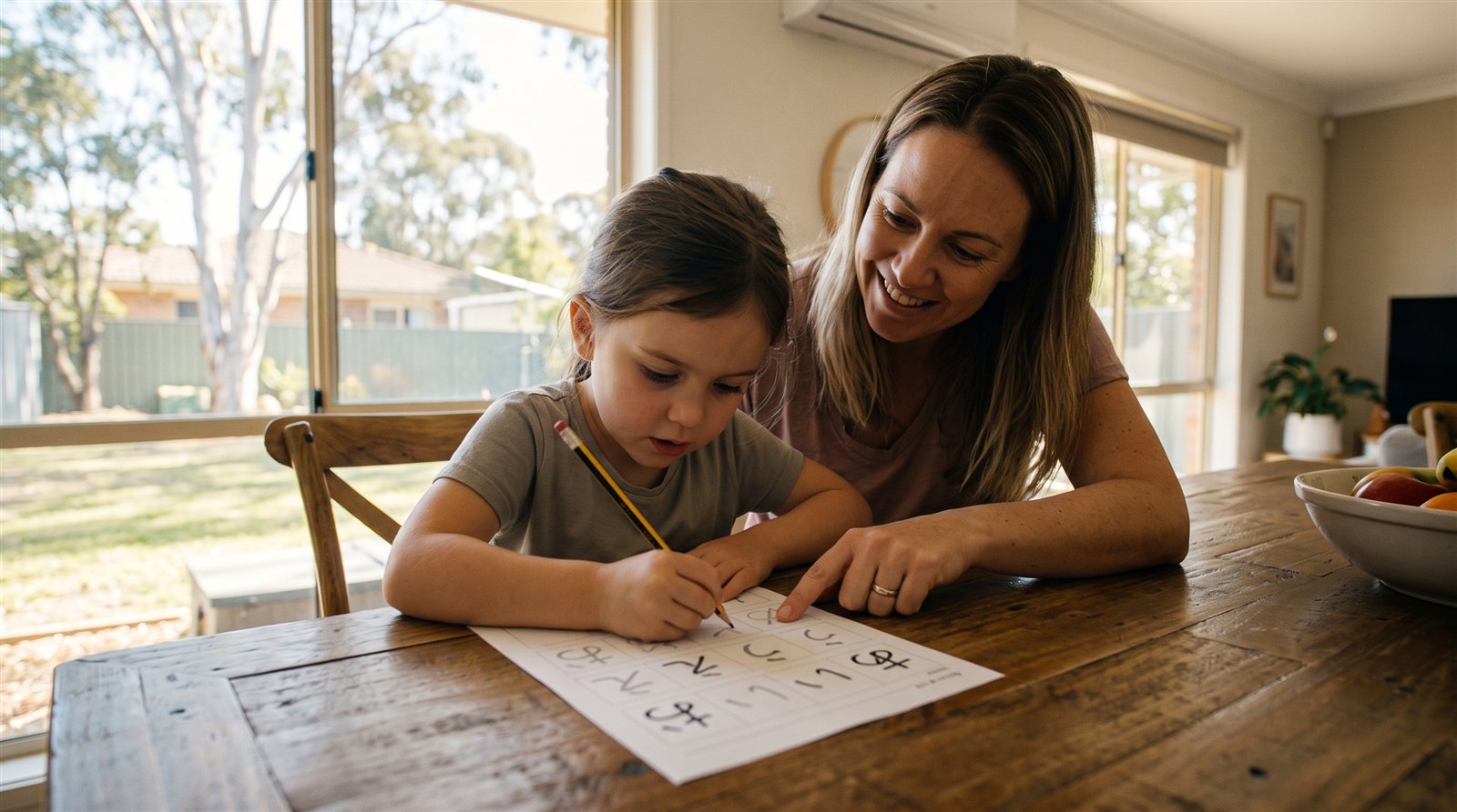 A mother helping her young daughter trace hiragana on a Japanese worksheet