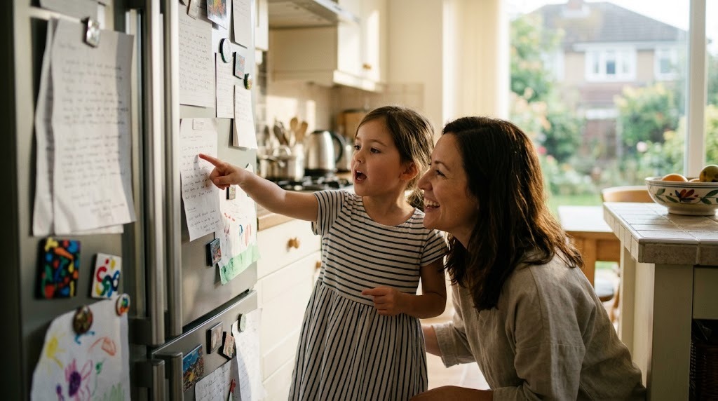 A mother and her young daughter reading a word list pinned to the fridge together