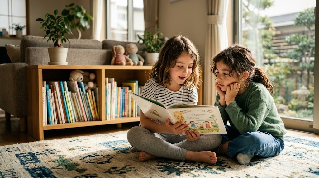 Two children sitting on a rug, one reading a picture book aloud to the other