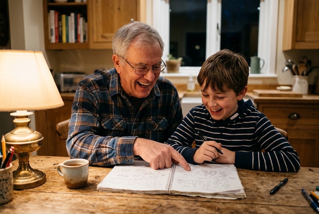 A grandfather and his grandson writing together in a notebook at a wooden kitchen table