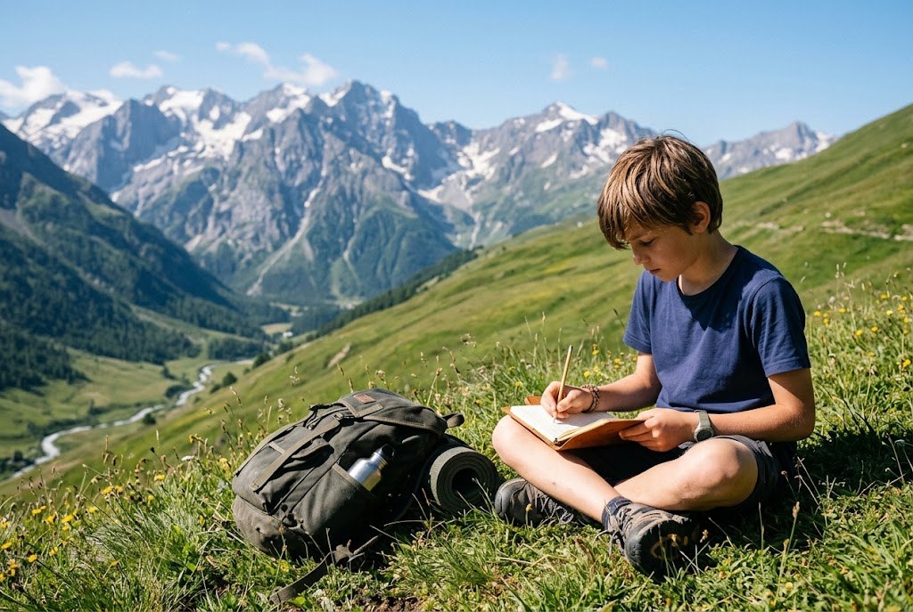 A boy sitting on a grassy hillside below mountains, writing in a travel journal