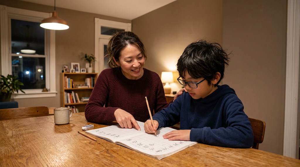 A boy practises kanji in a workbook at a wooden dining table on a weekday evening in a Philadelphia rowhouse while his mother points to the page