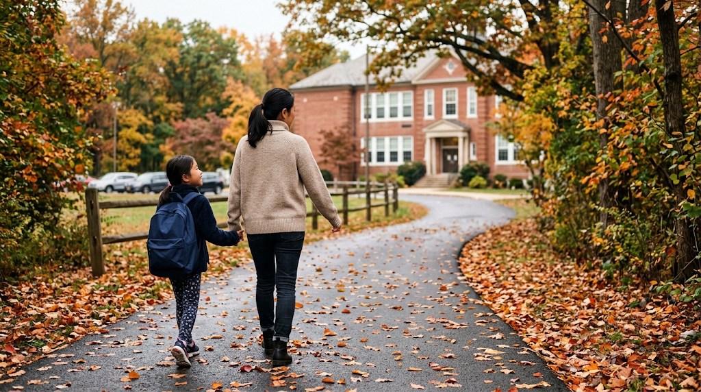 A mother and her daughter with a navy backpack walk hand in hand toward a red-brick school on an autumn Saturday morning in suburban Pennsylvania