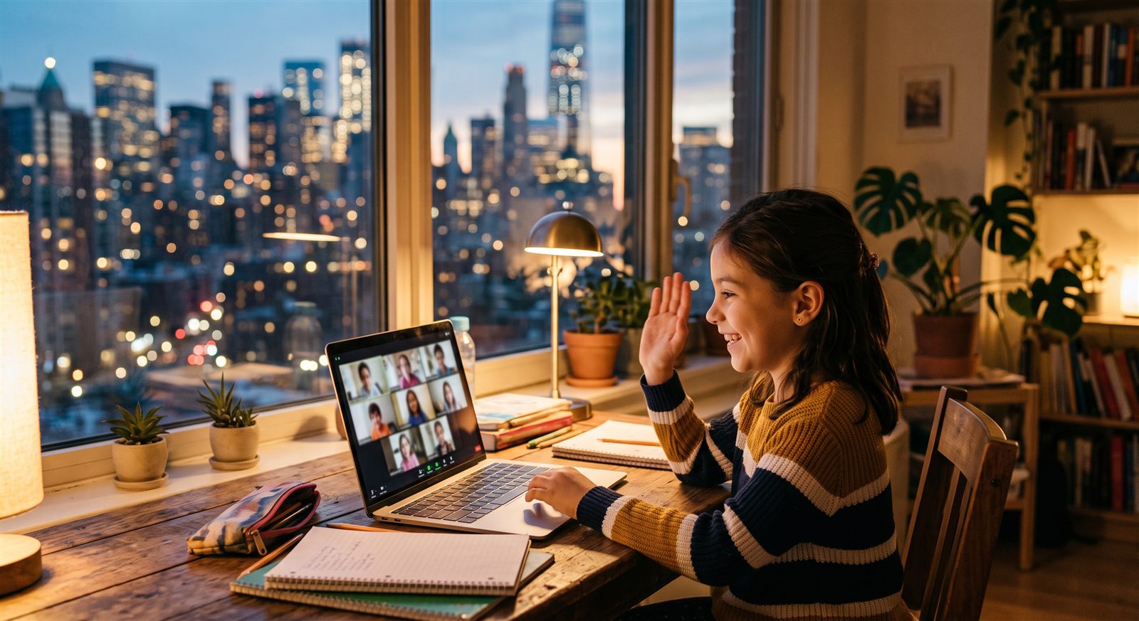 A girl waves during an online group video lesson on a laptop in a bright New York apartment in the evening