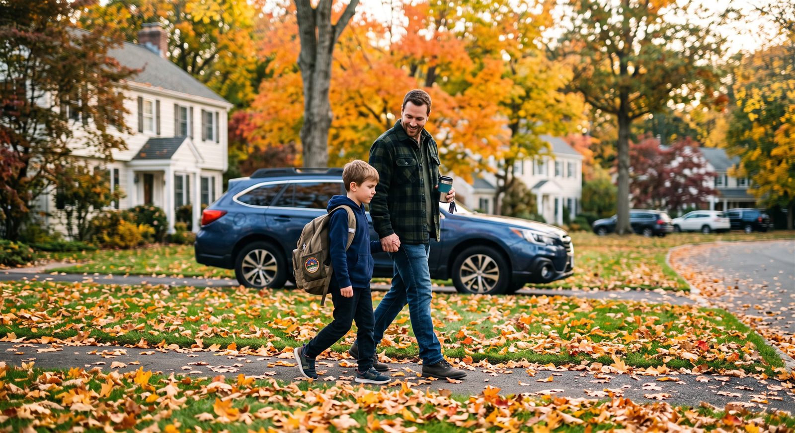 A father and his son walk to the car on an autumn morning in a leafy Connecticut suburb