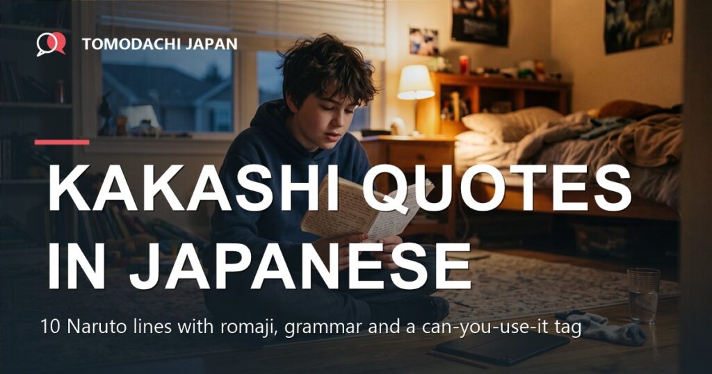 Kakashi quotes in Japanese - a boy reading his handwritten notes aloud in his bedroom