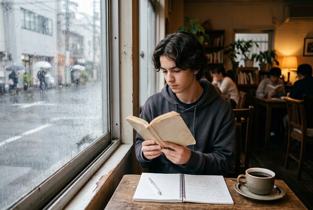 A quiet teenage boy reading a novel by the window of a small cafe on a rainy day