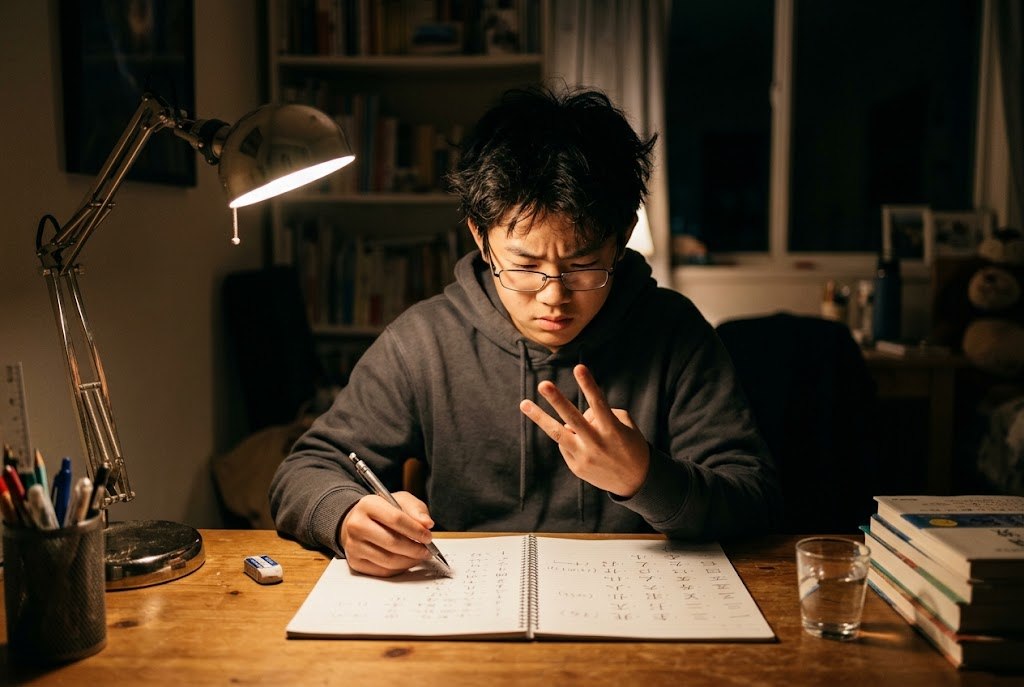A teenage boy at his desk at night counting on his fingers while practising Japanese numbers