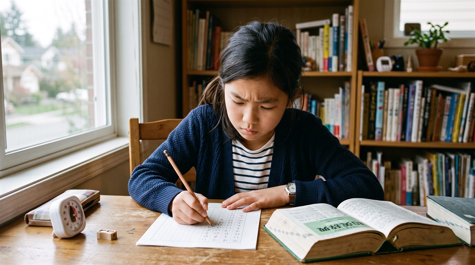 海外の自宅の学習机で、原稿用紙に鉛筆で作文を書いている12歳くらいの日本人の女の子。そばに辞書とタイマーが置かれている