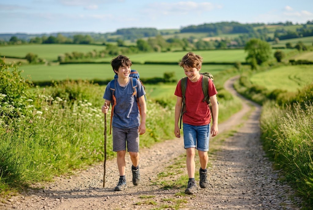 Two boys, best friends, walking along a country road with backpacks
