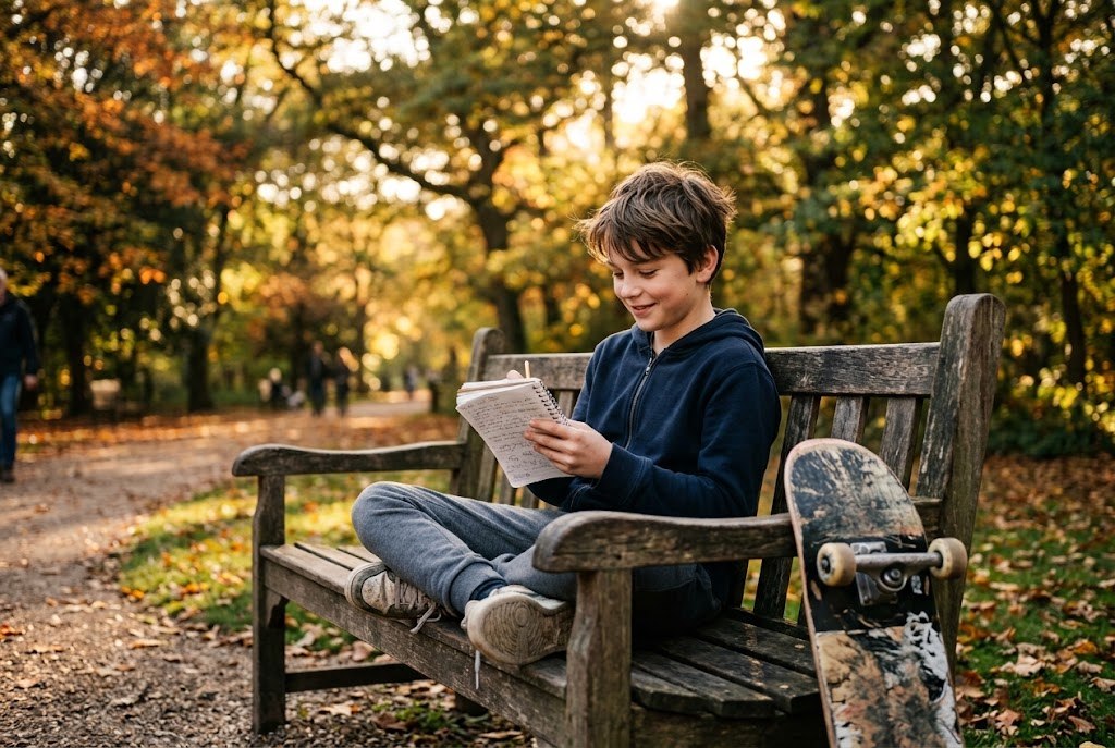 A boy sitting on a park bench with his skateboard, reading his notebook