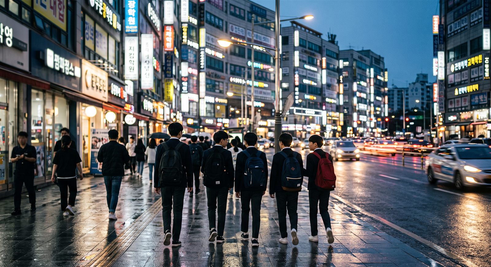 저녁 시간 학원 간판이 늘어선 대구 도심 거리를 걷는 학생들의 모습